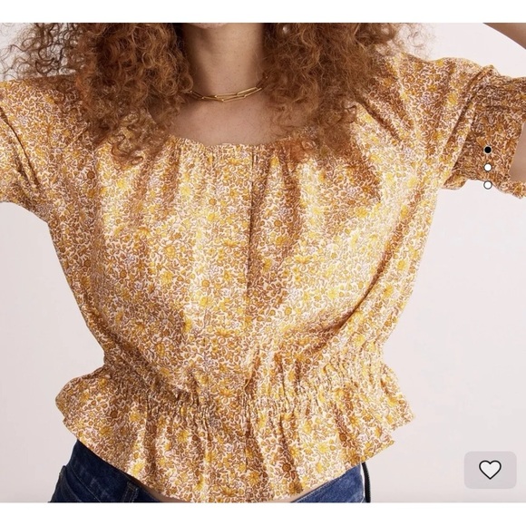 J Crew Top Woman Large Yellow Floral Gathered Scoopneck Scattered Blooms Peasant - Picture 1 of 12